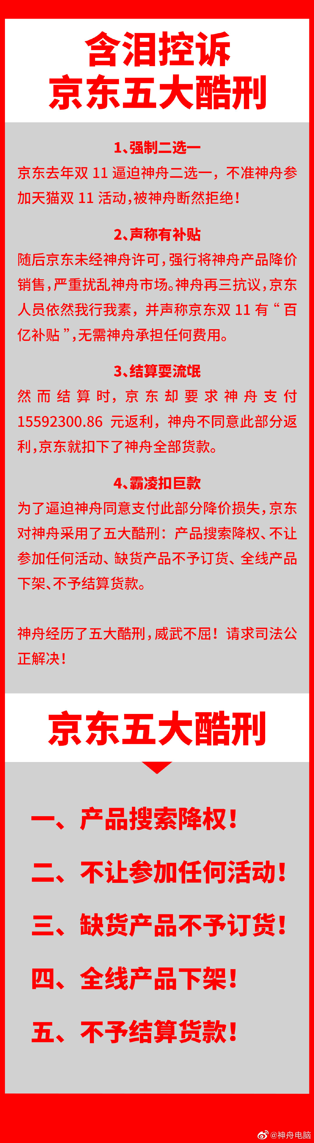 神舟控诉京东五大酷刑:逼迫支付1559万返利 京东回应 