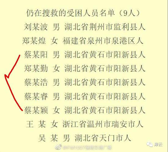 受困人员名单中作了记号的5人是一家5口