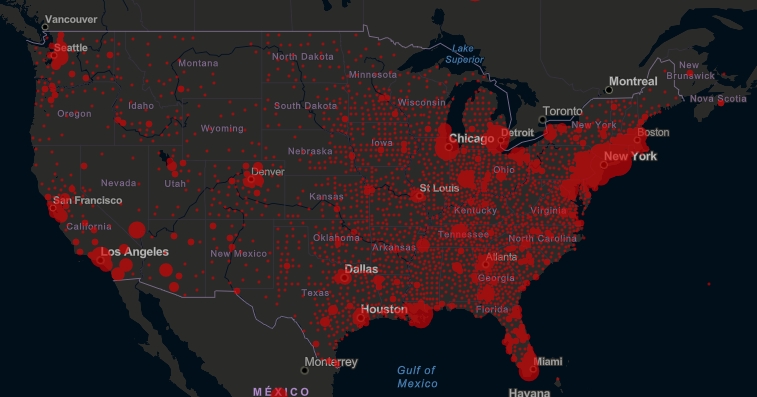 美国各地疫情状况分布图 截图：约翰霍普金斯大学数据库