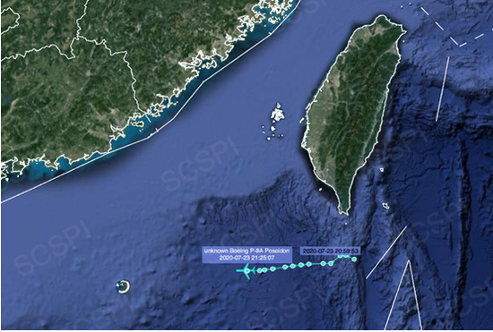 “南海战略态势感知计划”平台大部的7月23日美军P-8A反潜巡逻机飞行路线