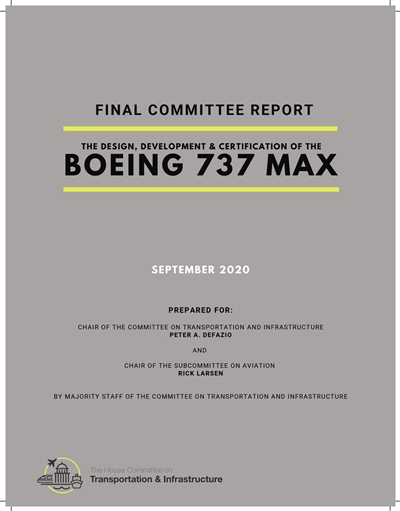 当地时间9月16日，美国国会众议院发布了关于波音737 MAX系列飞机两起空难事故的调查报告。 图片来源：美国众议院运输与基础建设委员会网站