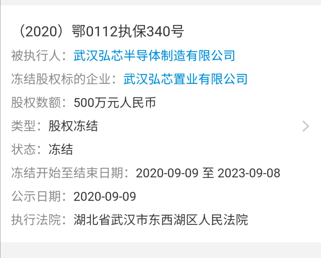 烂尾千亿工厂武汉弘芯卷入数个新官司，数百万股权遭法院冻结