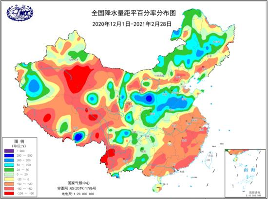 2020/2021年冬季全国降水量距平百分率分布