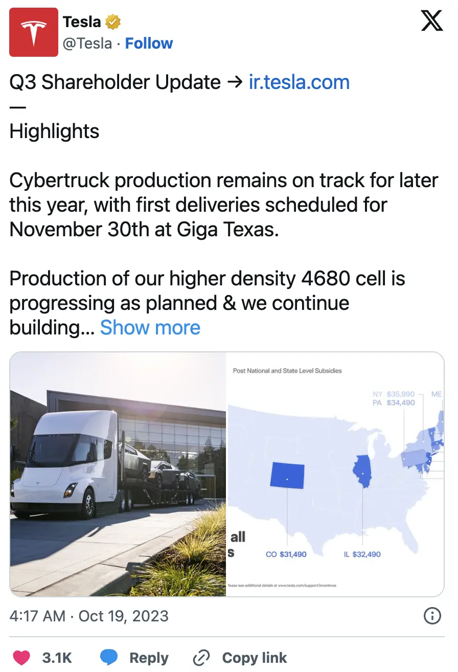 Cybertruck确认11月30日交付